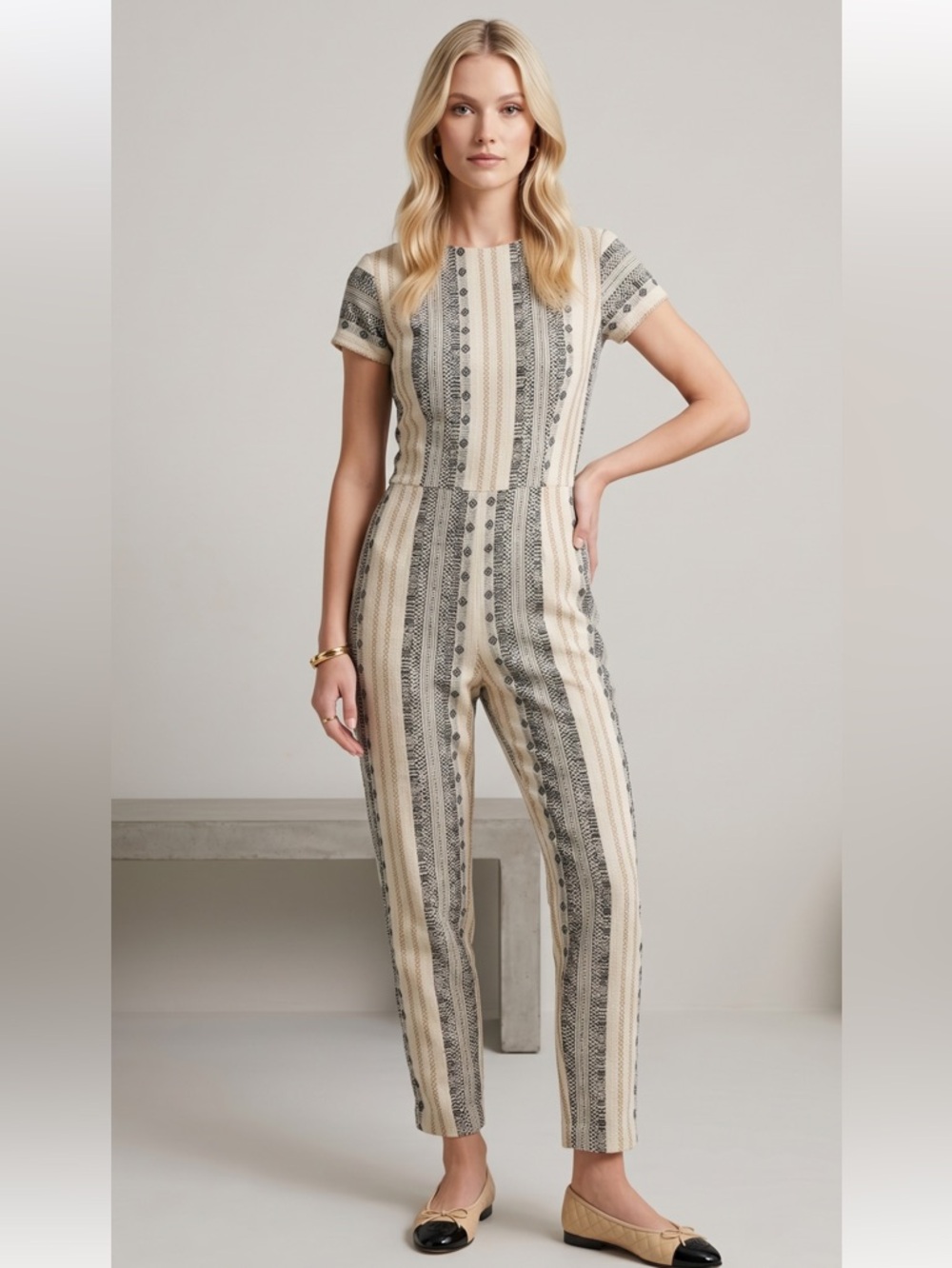 Ace & Jig Cream and Beige Striped Short-Sleeve Scoop Back Market Jumpsuit Sz S